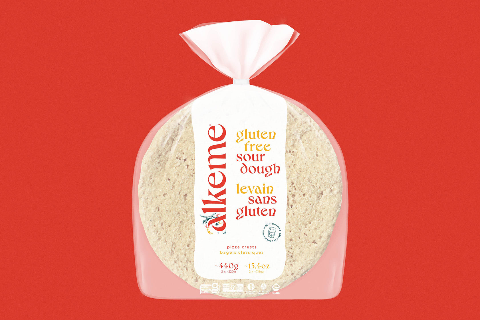 alkeme's gluten free pizza crusts packaging