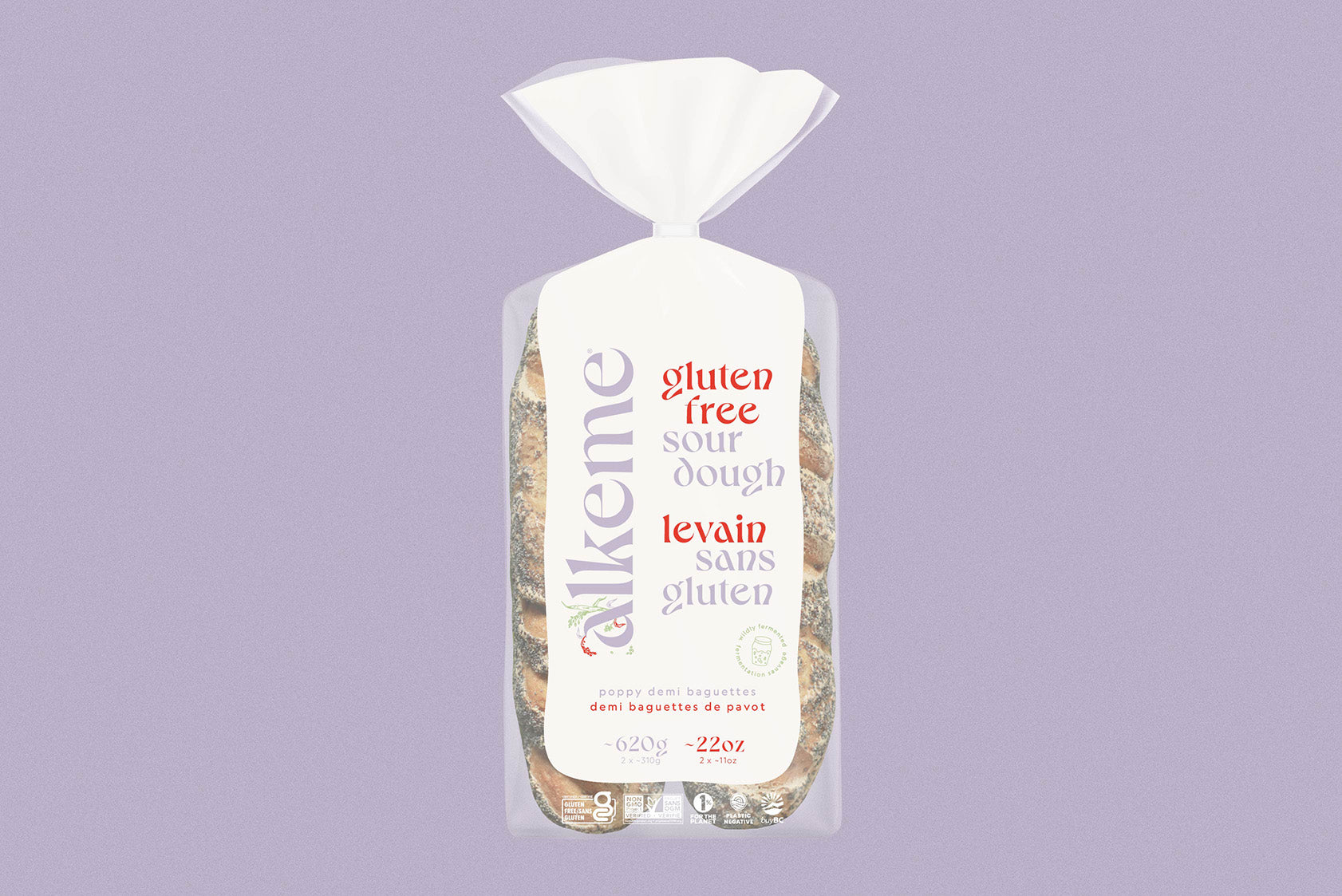 alkeme's gluten free poppy demi baguettes packaging